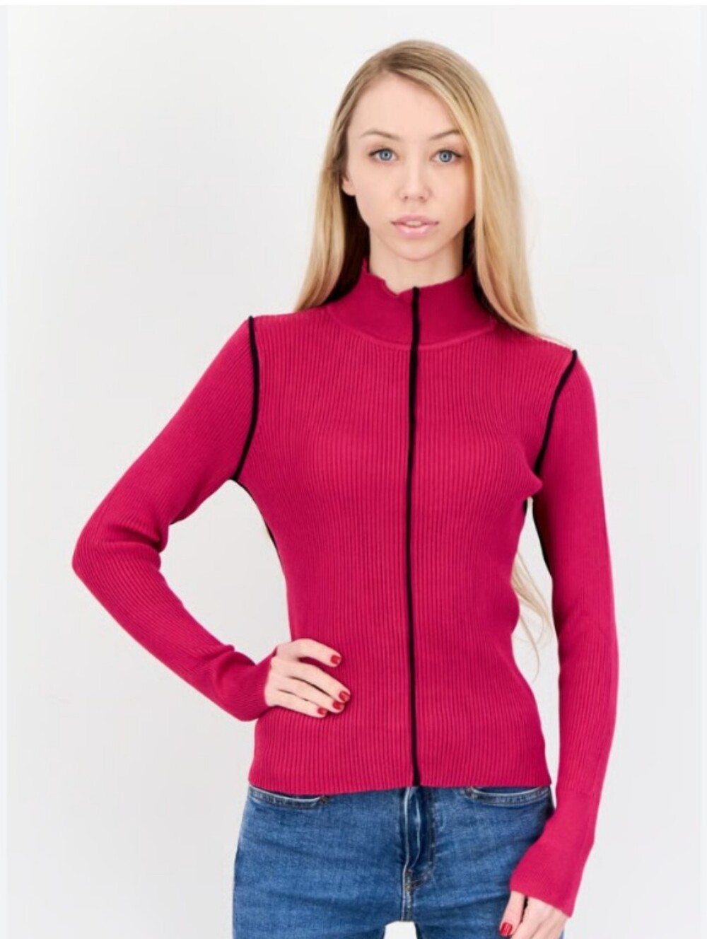 Philosophy Hot Pink Ribbed Mock Neck Sweater with Black Piping